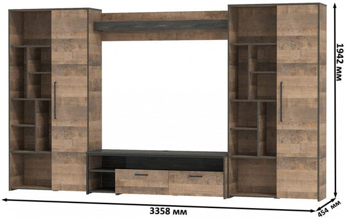 Трувор Гостиная 075, цвет дуб гранж песочный/интра, ШхГхВ 335,8х45,4х194,2 см., универсальная сборка