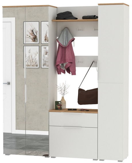 Октава Прихожая 15-123Н, цвет белый шагрень/дуб крафт золотой/фасады МДФ белый шагрень, ШхГхВ 161,5х35,4х197,6 см., универсальная сборка