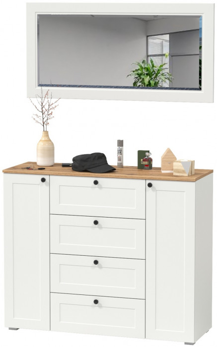 Остин 16.221 Комод + 17.03 Зеркало, цвет белый шагрень/дуб крафт золотой, ШхГхВ 120х41,9х229,6 см.