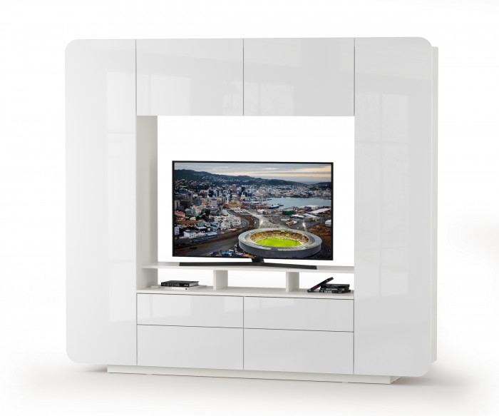 КР100 Румба 03.272 Шкаф комбинированный, цвет белый/белый глянец, ШхГхВ 218,8х38,4х195 см., ниша для тв 130х38х87 см.