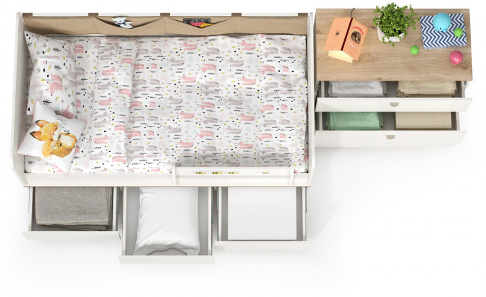 Эйп 11.40 Кровать + 13.322 Комод, цвет белый/дуб белый, сп. м. 800х1600 мм., б/м, основание есть, макс. нагрузка 80 кг., рек. выс. матр. 120 мм.