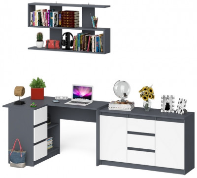 Мори компьютерный стол МС-16 левый + Комод МК1200.3 + Полка 1200, графит/белый
