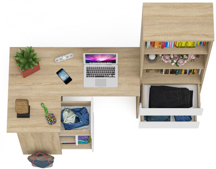 Мори компьютерный стол МС-16 левый + Стеллаж МСТ600.3, дуб сонома/белый