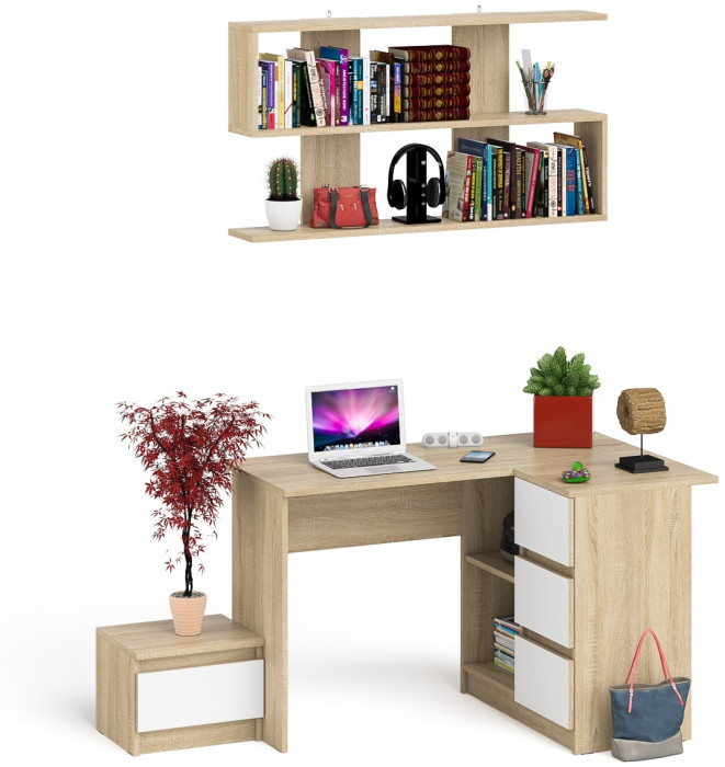 Мори компьютерный стол МС-16 правый + Тумба ТМП400.1 + Полка 1200, дуб сонома/белый