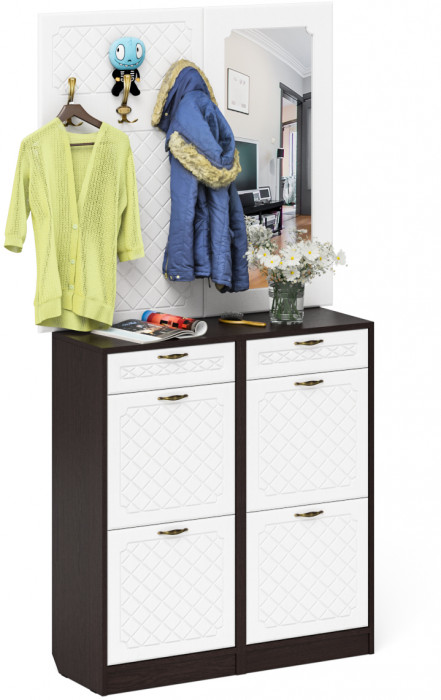 Прихожая П-6 Компоновка № 05, цвет венге/фасады МДФ белое дерево фрезеровка ромб, ШхГхВ 110х35х200 см.