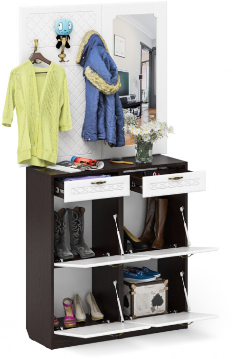 Прихожая П-6 Компоновка № 05, цвет венге/фасады МДФ белое дерево фрезеровка ромб, ШхГхВ 110х35х200 см.