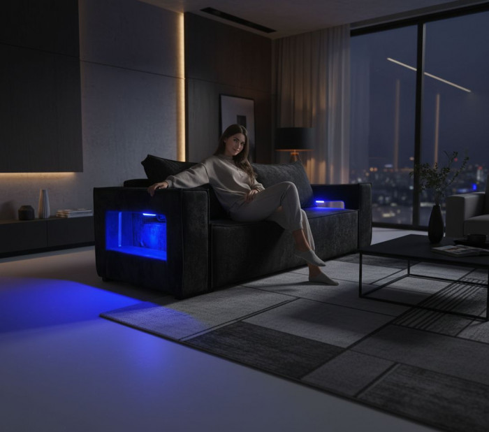 Диван-кровать Лофт Люкс Плюш с подсветкой, еврокнижка, пружинный блок, 140х195, черный