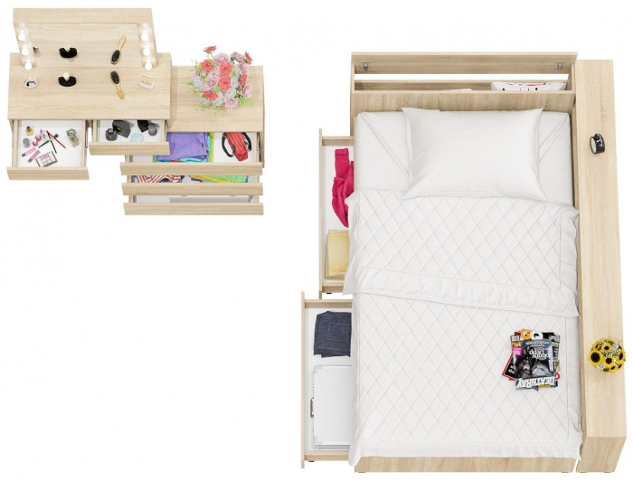 Ксения Кровать с ящиками 1200 + прикроватный блок + Столик с подсветкой 110, дуб сонома