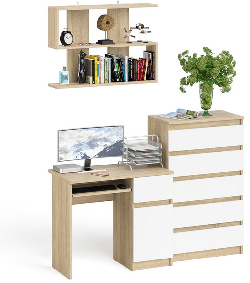 Мори Стол компьютерный МС-1 правый + Комод МК700.5 + Полка 900, цвет дуб сонома/белый, ШхГхВ 160,4х50х209,6 см., НЕ универсальная сборка