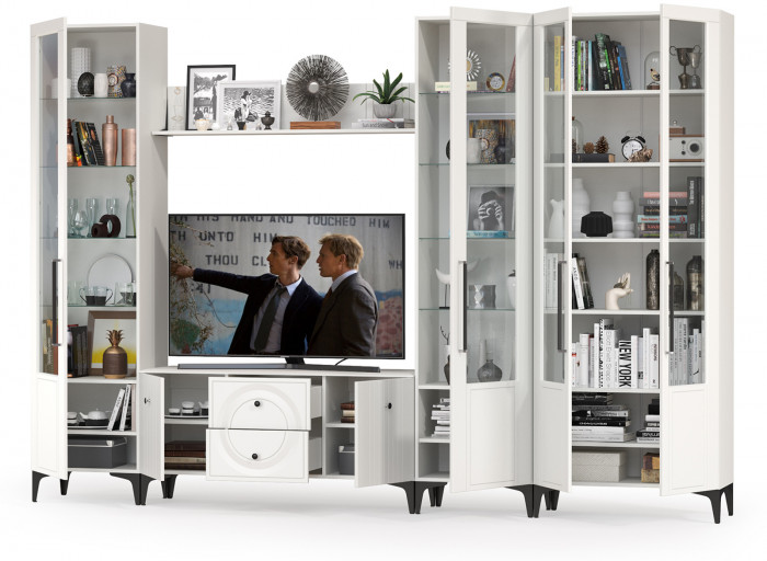 Валенсия Гостиная № 068, цвет ЛДСП белый шагрень/МДФ белый шагрень, ШхГхВ 327,2х38,3х225,2 см., ниша для ТВ 133х38х117 см., универсальная сборка