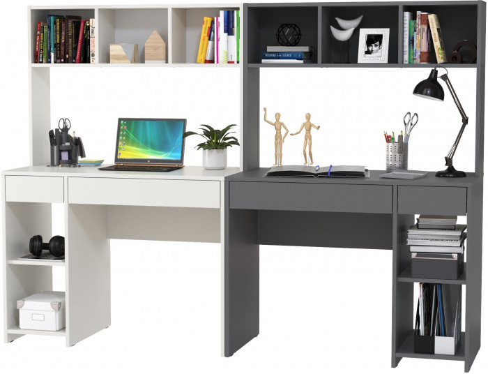 Стол компьютерный Комфорт 12.77F + Стол компьютерный Комфорт 12.77F, цвет белый шагрень/тёмно-серый, ШхГхВ 200х49,8х147 см., универсальная сборка