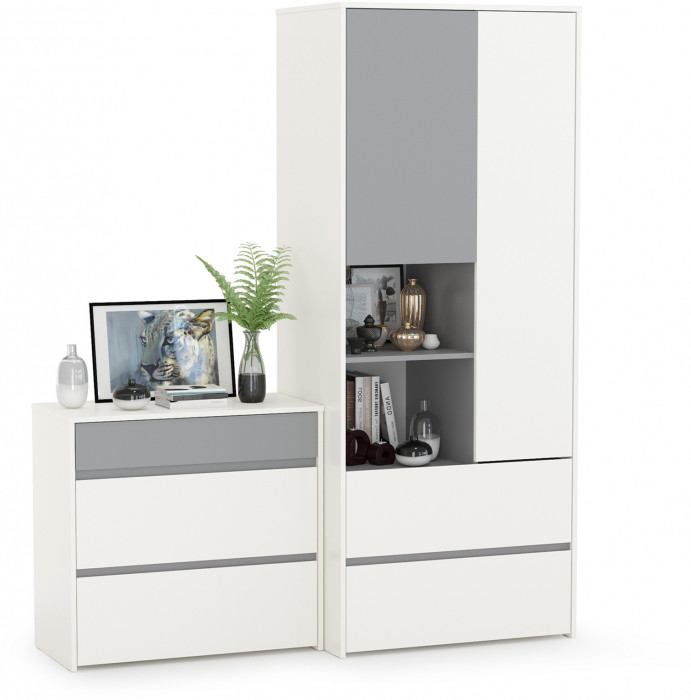 Торонто 13.333 Шкаф для одежды + 13.321 Комод, цвет белый шагрень/стальной серый, ШхГхВ 160х53х195,7 см., универсальная сборка