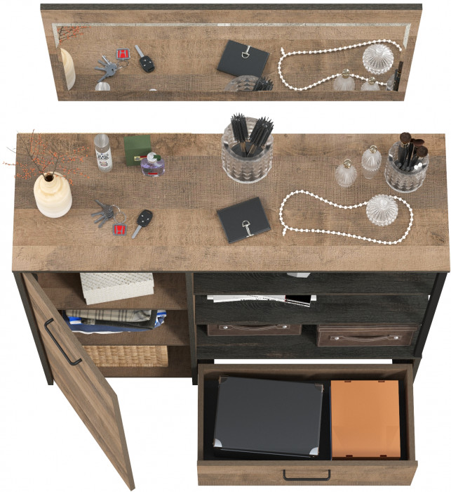 Трувор 13.307.01 Комод + 15.30 Зеркало, цвет дуб гранж песочный/интра, ШхГхВ 109х36,9х195 см., универсальная сборка