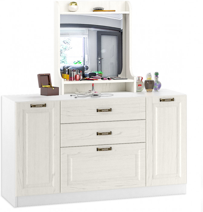 Ливерпуль Комод + Полка 10.118 с зеркалом, цвет ясень ваниль/белый, ШхГхВ 140х41,4х148,3 см.