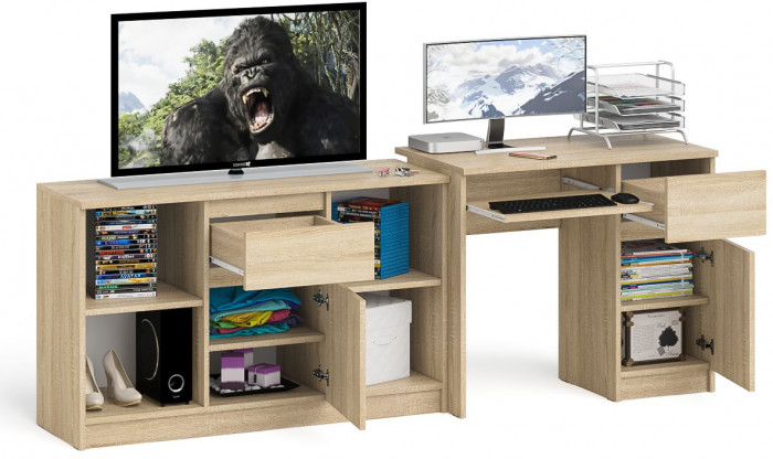 Мори Стол компьютерный МС-1 правый + Тумба МТВ1204.1, цвет дуб сонома, ШхГхВ 210,4х50х76,6 см., выдвижной ящик справа, НЕ универсальная сборка