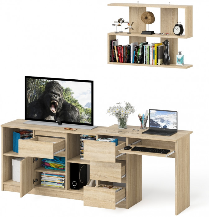 Мори Стол компьютерный МС-6 левый + Тумба МТВ1204.1 + Полка 900, цвет дуб сонома, ШхГхВ 210,4х50х209,6 см., НЕ универсальная сборка