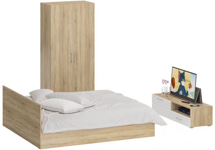 Спальня Стандарт 3-1800, дуб сонома/фасады ТВ тумбы МДФ белый глянец