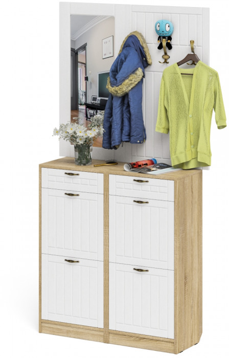 Прихожая П-6 Компоновка № 05, цвет дуб сонома/фасады МДФ белое дерево фрезеровка прованс, ШхГхВ 110х35х200 см.