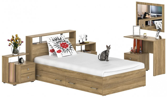 Камелия спальня № 13 Кровать с ящиками 1200 + Две тумбы + Стол косметич. + Зеркало, дуб сонома