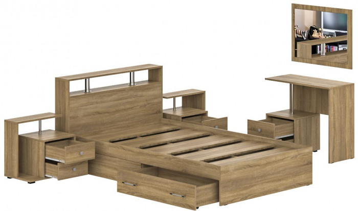 Камелия спальня № 13 Кровать с ящиками 1200 + Две тумбы + Стол косметич. + Зеркало, дуб сонома