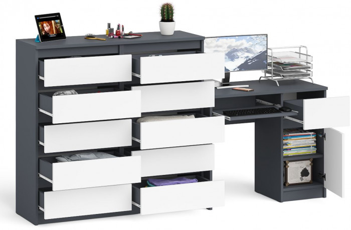 Мори компьютерный стол МС-1 правый + Комод МК1200.10, графит/белый