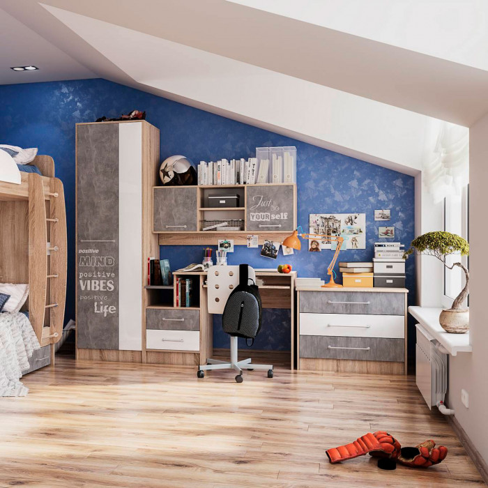 Спальня Колибри Лофт навесная секция дуб сонома/ателье светлое+акрил белый