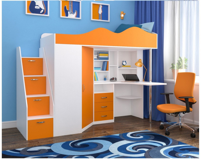 Кровать-чердак Пионер белое дерево /оранжевый, склад
