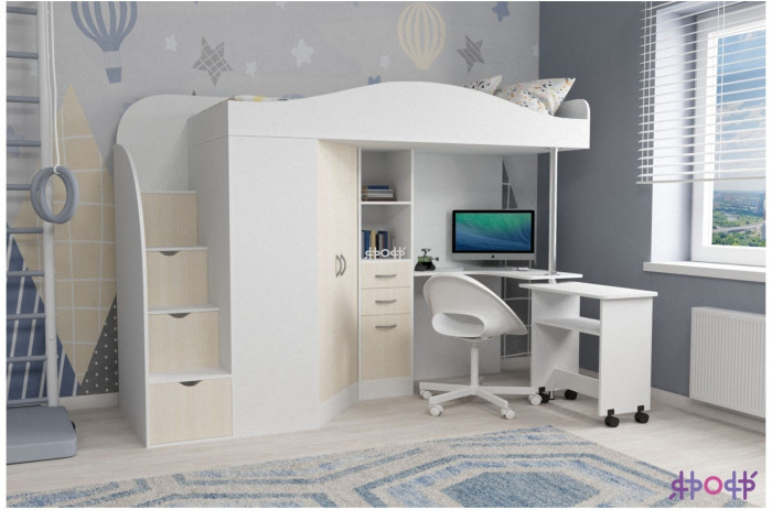 Кровать-чердак Юниор 4 (Дуб молочный/Белое дерево)