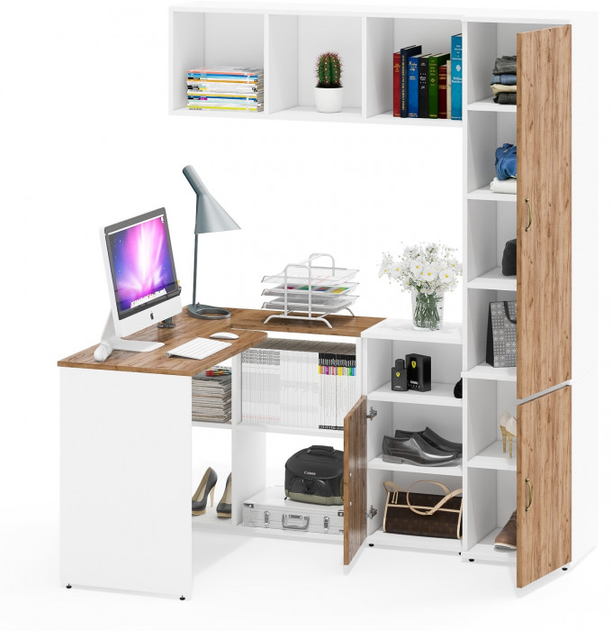 Лидер-8 Стол + Полка + Тумба МД 3.19 + Пенал МД 22Б, цвет белый шагрень/крафт золото, ШхГхВ 245х50/37,5х75/190 или 115х160/50х75/190 см., НЕ ун. сб.