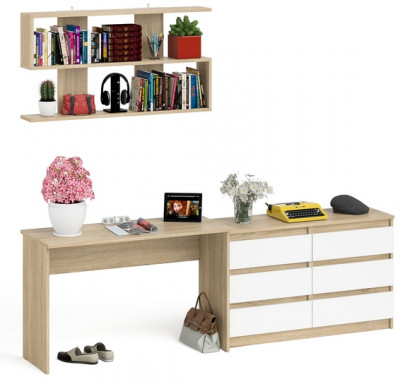 Мори Стол письменный МСП1200.1 + Комод МК1200.6 + Полка 1200, цвет дуб сонома/белый, ШхГхВ 240,8х50х209,6 см., универсальная сборка