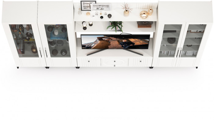 Валенсия Гостиная № 069, цвет ЛДСП белый шагрень/МДФ белый шагрень, ШхГхВ 327,2х38,3х225,2 см., ниша для ТВ 133х38х117 см., универсальная сборка