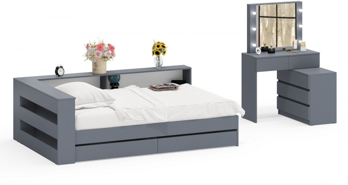 Ксения Кровать с ящиками 1200 + прикроватный блок + Столик с подсветкой 110, графит
