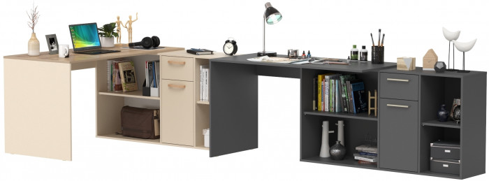 Два Стола письменных Лайт 03.245, цвет сатин/дуб эндгрейн элегантный/тёмно-серый, ШхГхВ 342,9х136х75,2 см.(угл.) или 407,2х68х75,2 см.(пр.), ун. сб.