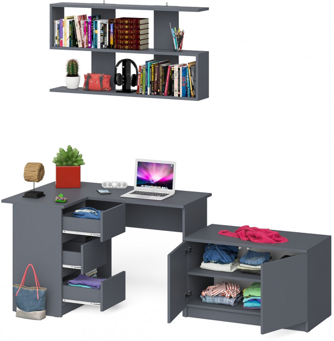 Мори компьютерный стол МС-16 левый + Тумба МА900.1 + Полка 1200, графит