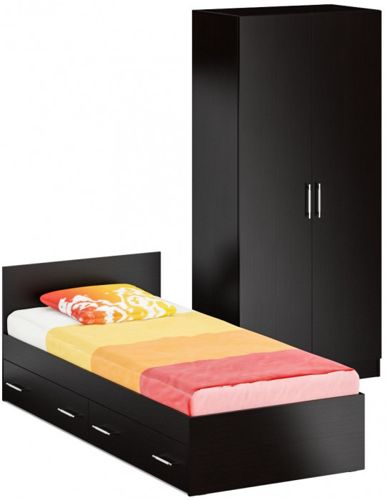 Кровать с ящиками 0900 + Шкаф 2-х створчатый Стандарт, цвет венге, ШхГхВ 93,5х203,5х70 + 90х52х200 см., сп.м. 900х2000 мм., б/м, основание есть