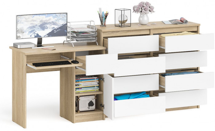 Мори Стол компьютерный МС-1 правый + Комод МК1200.8, цвет дуб сонома/белый, ШхГхВ 210,4х50х94 см., выдвижной ящик справа, НЕ универсальная сборка