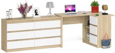 Мори Стол компьютерный МС-16 правый + Комод МК1380.6, цвет дуб сонома/белый, ШхГхВ 262,4х84,9х76,6 см., выдвижные ящики справа, НЕ универс. сборка