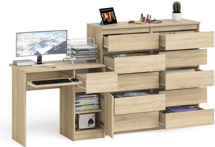 Мори компьютерный стол МС-1 правый + Комод МК1200.10, дуб сонома