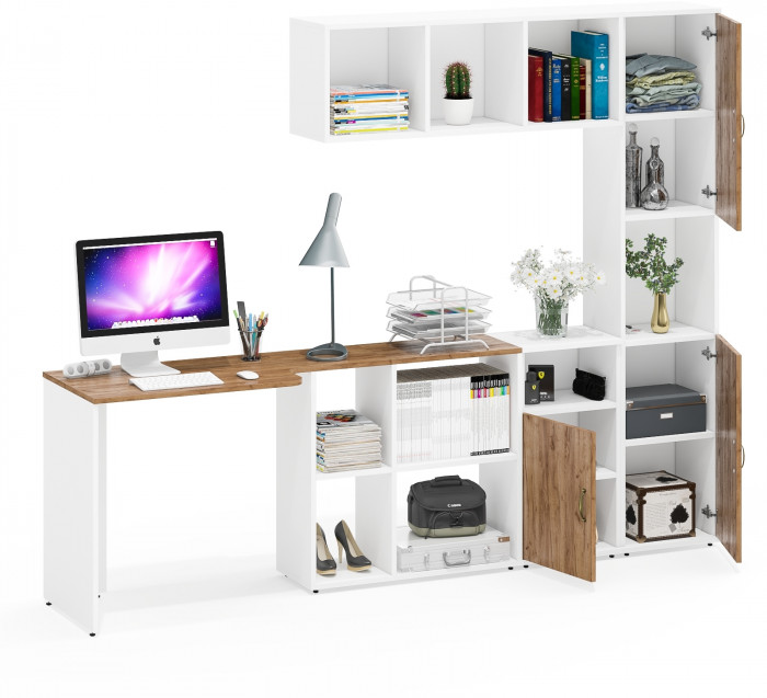 Лидер-8 Стол + Полка + Тумба МД 3.19 + Пенал, цвет белый шагрень/крафт золото, ШхГхВ 245х50/30х75/190 или 160х115/30х75/190 см., НЕ универс. сб.