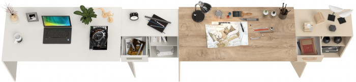 Два Стола письменных Лайт 03.245F, цвет белый шагрень/сатин/дуб эндгрейн элегантный, ШхГхВ 342,7х136х75,2 см.(угл.) или 407х68х75,2 см.(пр.), ун. сб.