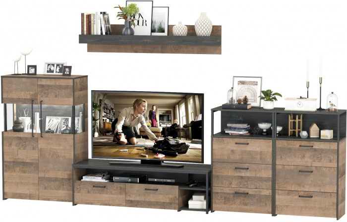 Трувор Гостиная 109, цвет дуб гранж песочный/интра, ШхГхВ 367,6х45,4х195 см., универсальная сборка