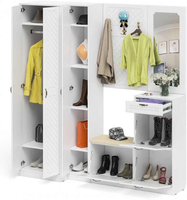 Прихожая П-6 Компоновка № 31, цвет белая шагрень/фасады МДФ белое дерево фрезеровка ромб, ШхГхВ 200х50х210 см., универсальная сборка