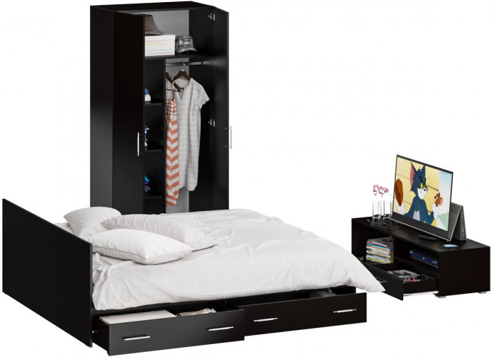 Спальня Стандарт 3-1800Я, венге/фасады ТВ тумбы МДФ чёрный глянец