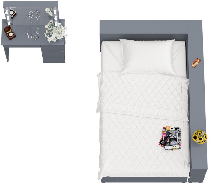 Ксения Кровать с ящиками 1200 + прикроватный блок + Столик с подсветкой Сура, графит