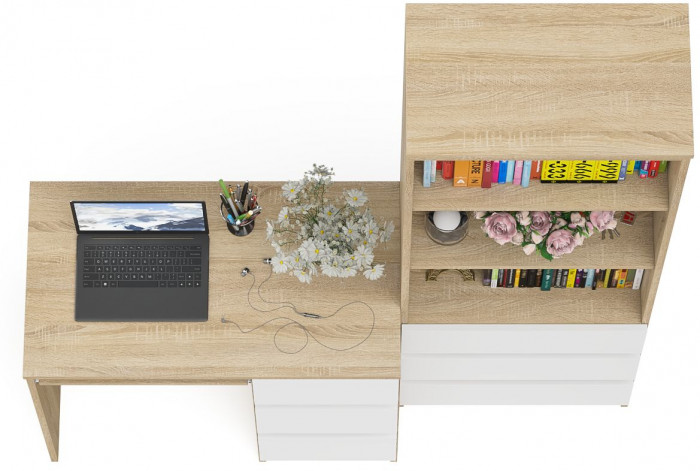 Мори компьютерный стол МС-6 правый + Стеллаж МСТ600.3, дуб сонома/белый