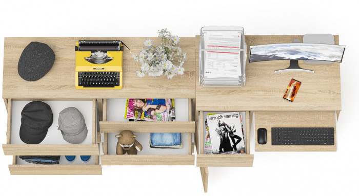 Мори Стол компьютерный МС-1 левый + Комод МК1200.6, цвет дуб сонома, ШхГхВ 210,4х50х76,6 см., выдвижной ящик слева, НЕ универсальная сборка