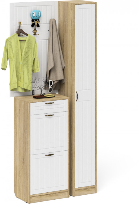 Прихожая П-6 Компоновка № 24, цвет дуб сонома/фасады МДФ белое дерево фрезеровка прованс, ШхГхВ 90х35х210 см., универсальная сборка