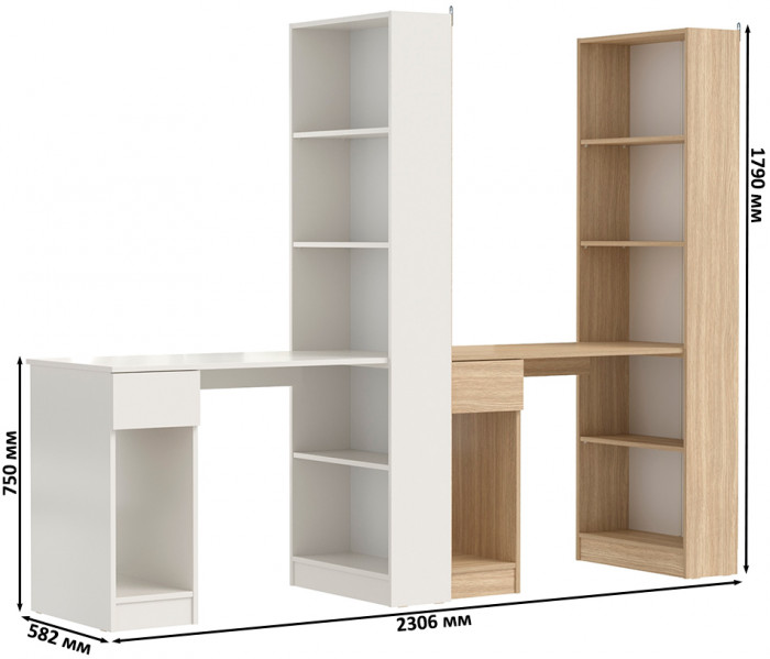 Два Стола письменных Лайт 10.01, цвет белый гладкий/плэйн, ШхГхВ 230,6х58,2х179 см., универсальная сборка(обязательно крепление к стене)