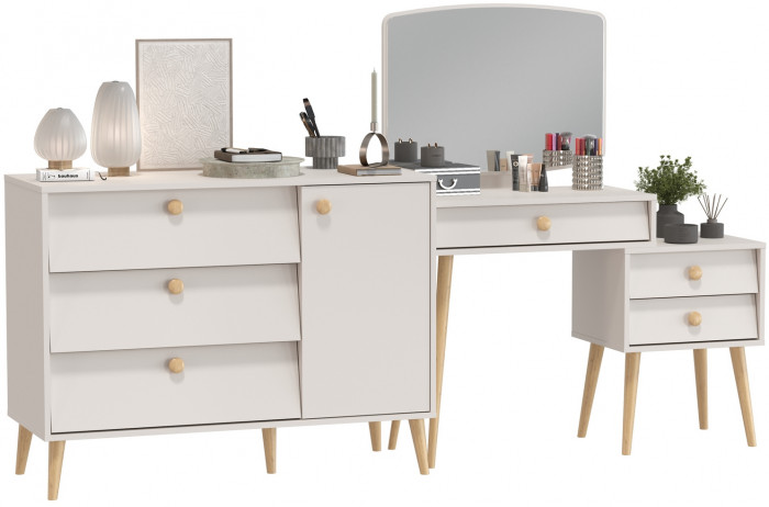 Афина Спальня Трюмо + Комод с дверкой и тремя ящиками, цвет кашемир серый, ШхГхВ 105х38,6х129 + 110х45,3х83 см., универсальная сборка