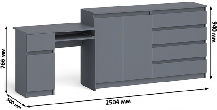 Мори Стол компьютерный МС-1 левый + Комод МК1600.1, цвет графит, ШхГхВ 250,4х50х94 см., выдвижной ящик слева, НЕ универсальная сборка